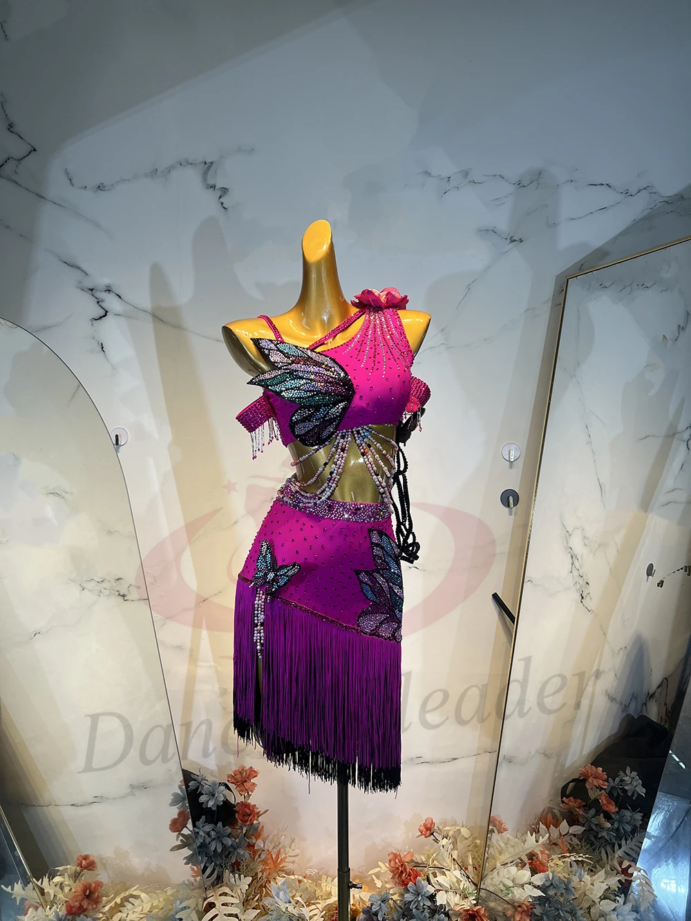 Latin Dance Costume AB Stone Female Adult Children High-End Customized Butterfly Shaped Hollow Dress Samba Performance Dress