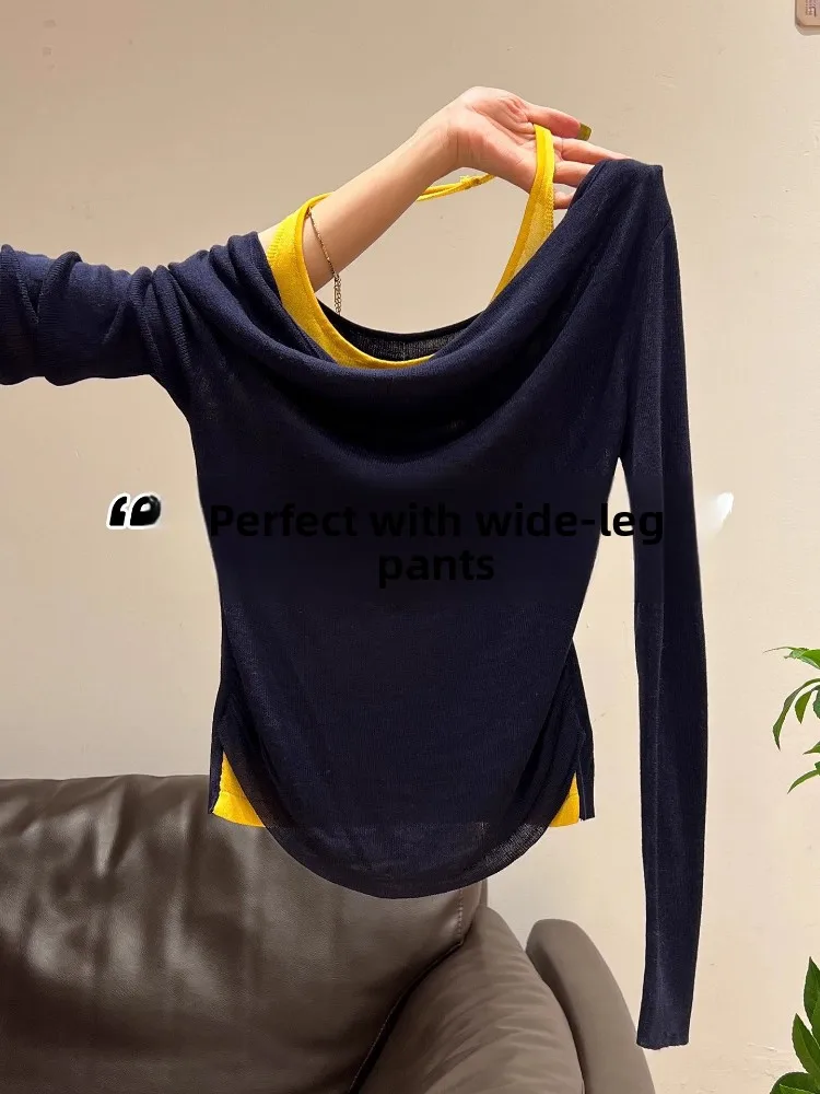 Korean Style Long Sleeve T-Shirt Women's Design Sense Hanging Neck Slimming Top Color Block Splicing Pleated Fake Two-Piece