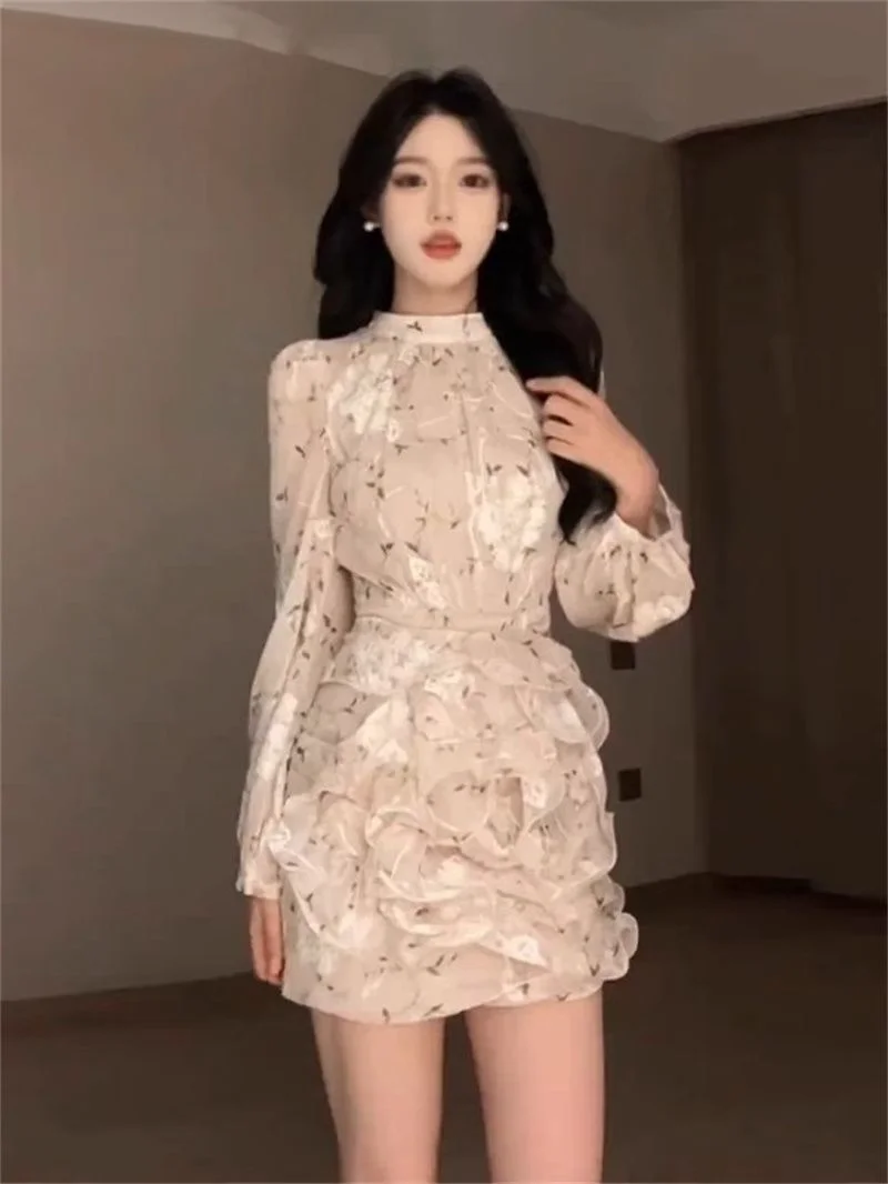 新作高級ファッションミニドレス レディース 花柄プリント ロングスリーブ スリムウエスト シャーリングシフォンドレス フリル付きワンピース 秋物