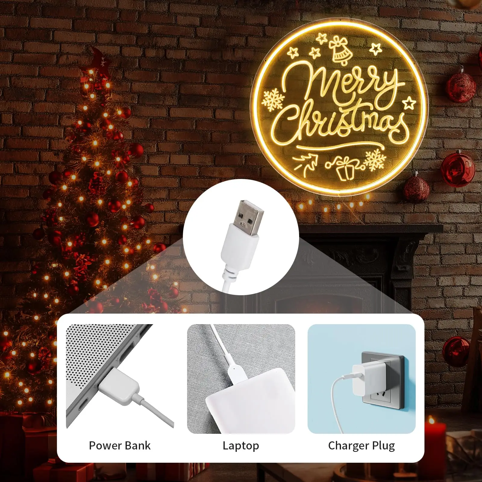 Merry Christmas LED Neon Sign for Wall Decor Dimmable USB Indoor Parties for Windows Children Bedroom Living Room Holiday