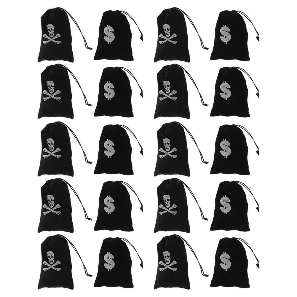 20 Pcs Skull Bag Halloween Pirate Bags Loot Pouch Candy Gift Container Prop Drawstring Golden Coins Decorations