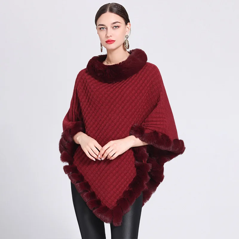 

5 Colors Women Autumn Winter Fashion Faux Rabbit Fur Knitted Plaid Pullover Knitwear Female Loose Poncho Cape Thick Overcoat