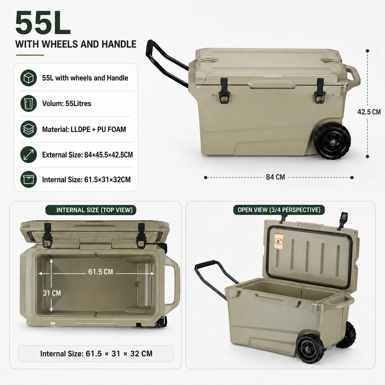 Custom 55L Heavy Duty Large Rotomolded Hard Cooler Box With Wheels For Outdoor Camping Fishing Portable Insulated LLDPE Ice Ches