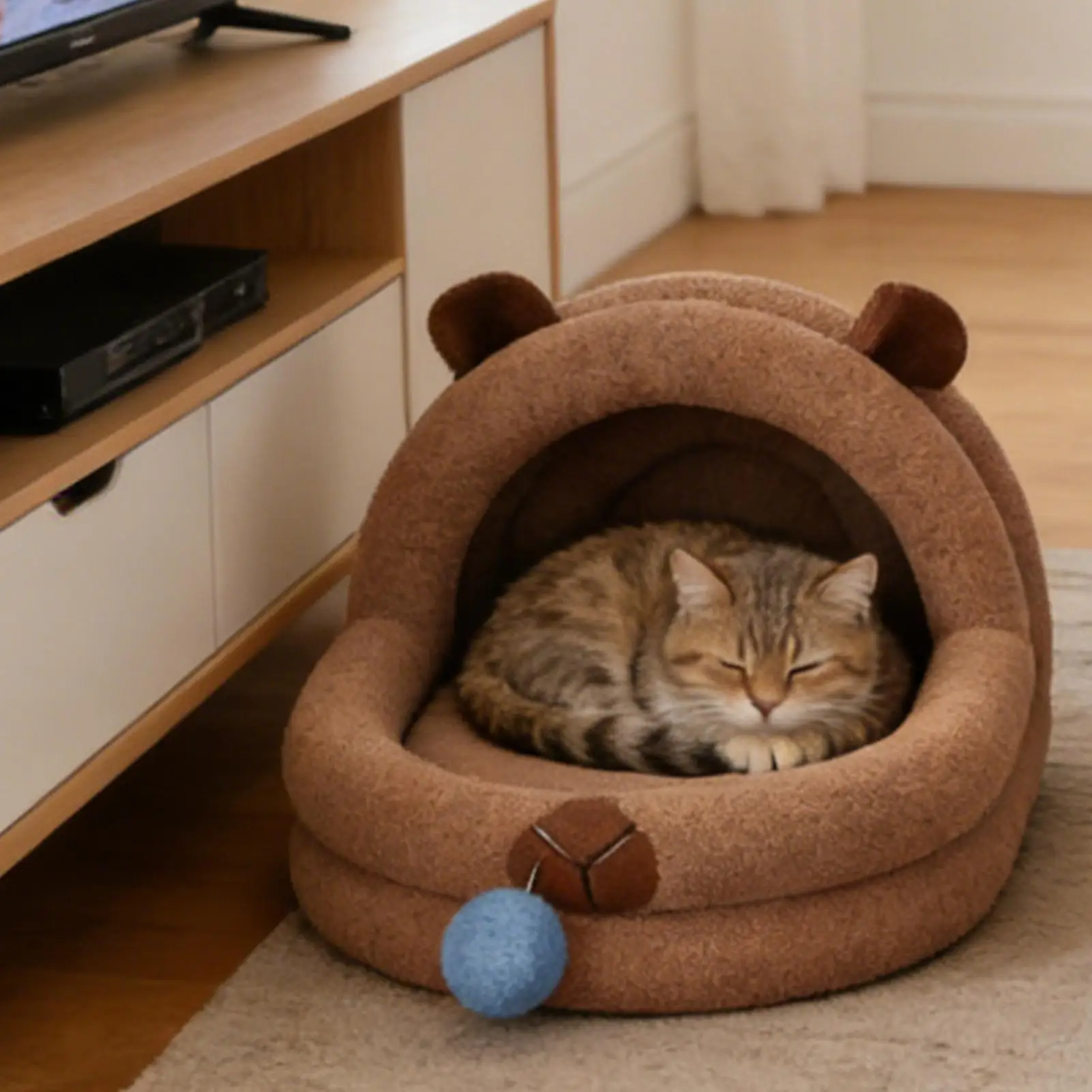 

Лежанка-пещера для кошек, устойчивая к укусам, с отстегивающимся плюшевым шариком, теплая зимняя лежанка для котят для дома, гостиной, спальни, пола, весна