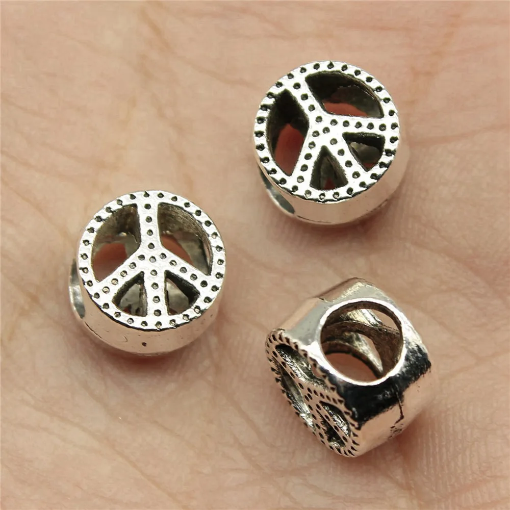 5pcs/lot 10x10x7mm Peace European Big Hole Beads For Jewelry Making Antique Silver Color 0.39x0.39x0.28inch