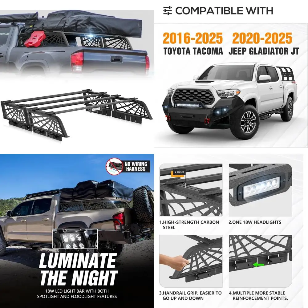 حامل شحن لسرير الشاحنة لـ 2020-2025 Gladiator JT و2016-2025 Toyota Tacoma مع قضبان سرير، سعة 800 رطل، متوافقة