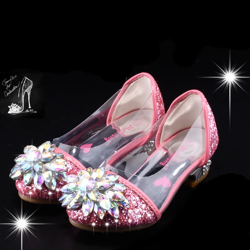 Princess Kids Leather Shoes Diamond Flower Casual Children High Heel Transparency Girls Sandals Student Performance Shoes