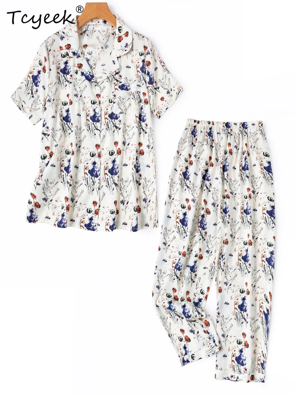 Tcyeek 93% Real Mulberry Silk Sleepwear 2026 Womens Two Peice Sets Short Sleeve Shirts for Woman Loose Print Long Pants Soft