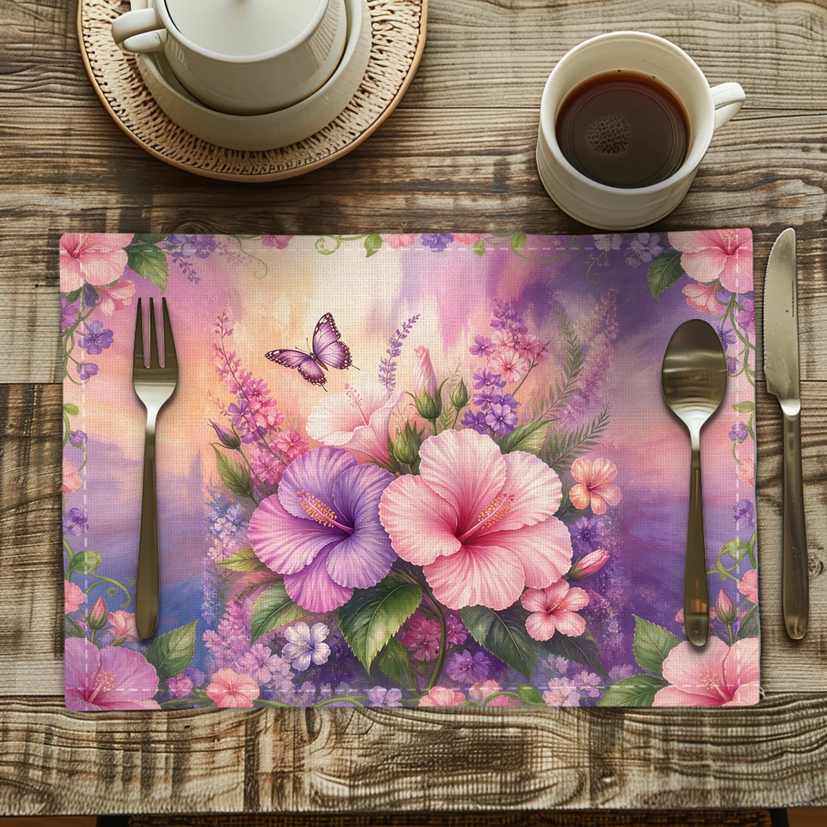 Tropical Beach Seascape Polyester Placemats - Decorative Table Mats with Seashell & Palm Pattern for Dining Table Daily Use