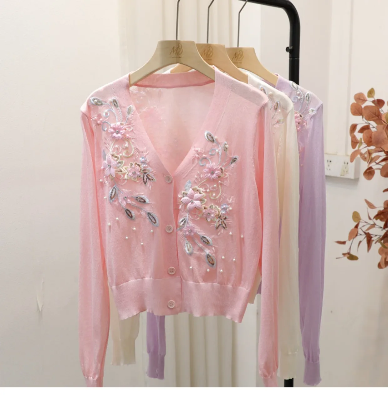 Rhinestone Autumn Luxury Beading Knitted Cardigan Women Heavy Industry Pearl Shiny Crystal 3D Flower Sweater Outwear