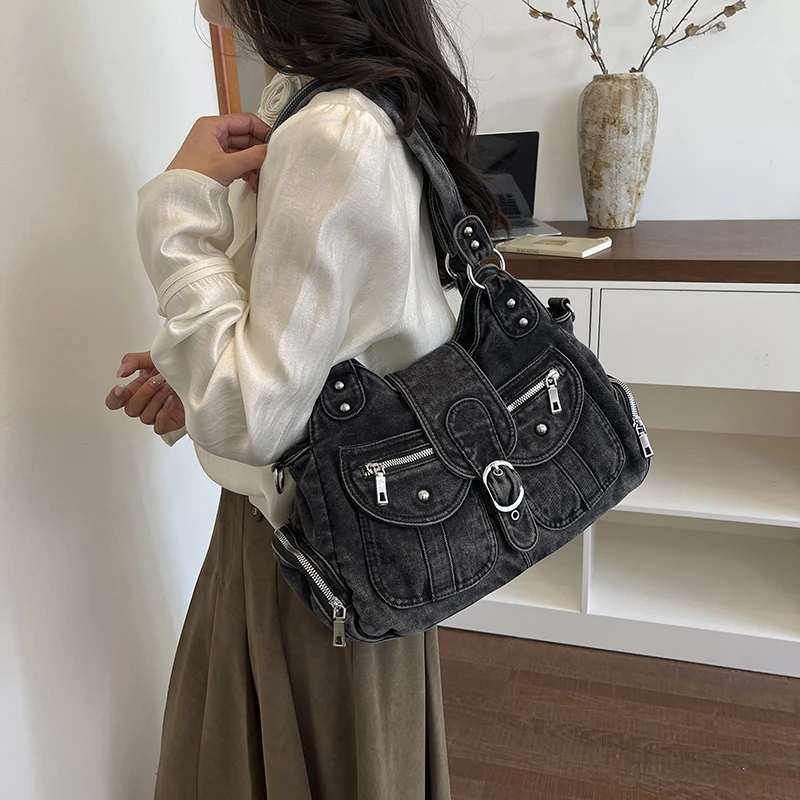 Women Vintage Washed Denim Hobo Crossbody Bag Multi Pocket Rivet Detail Y2K Style Shoulder Purse 2026 New Trend Handbags view 3