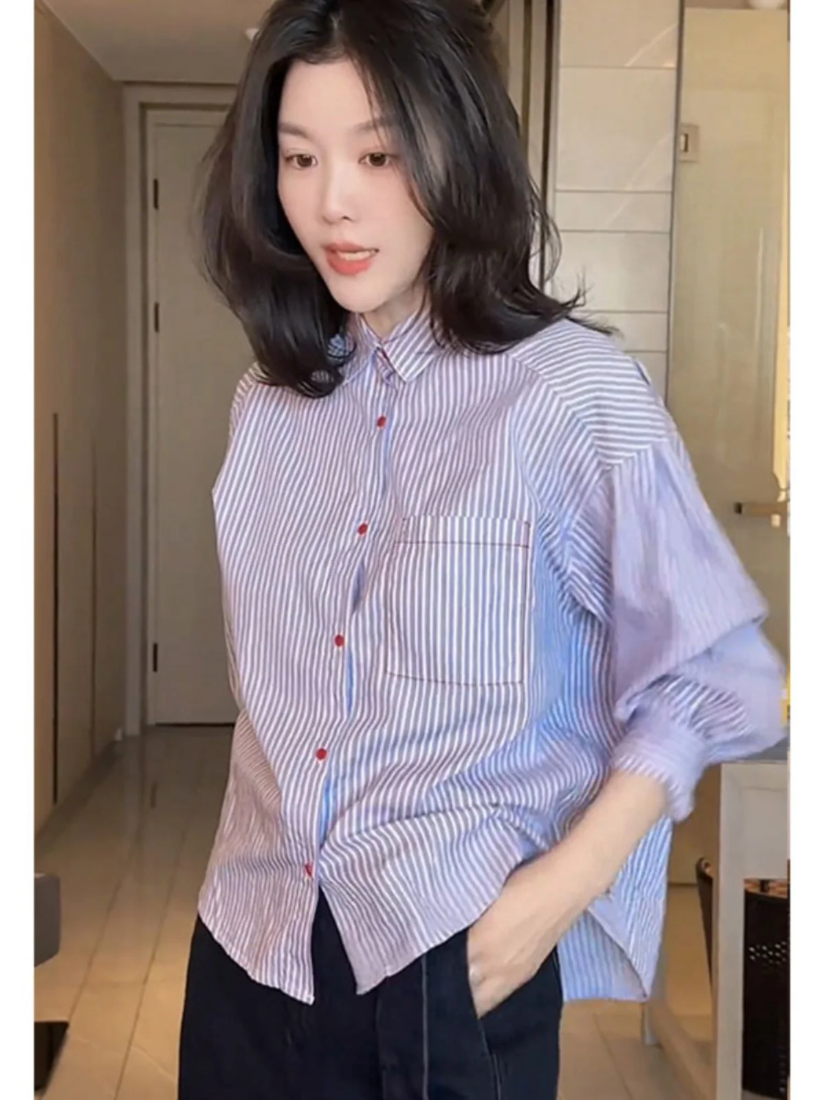 

Blue Striped Women's Long Sleeve Shirt Short Style Spring Autumn Top Waist Cinched Commute Style Korean Loose Fit Collar