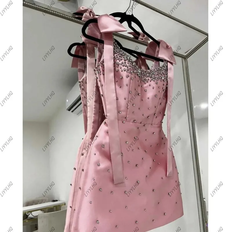 New Arrival Pink Short Homecoming Gowns Luxury Rhinestones Chic Women Formal Occasion Party Dresses Spaghetti Straps Prom Dress