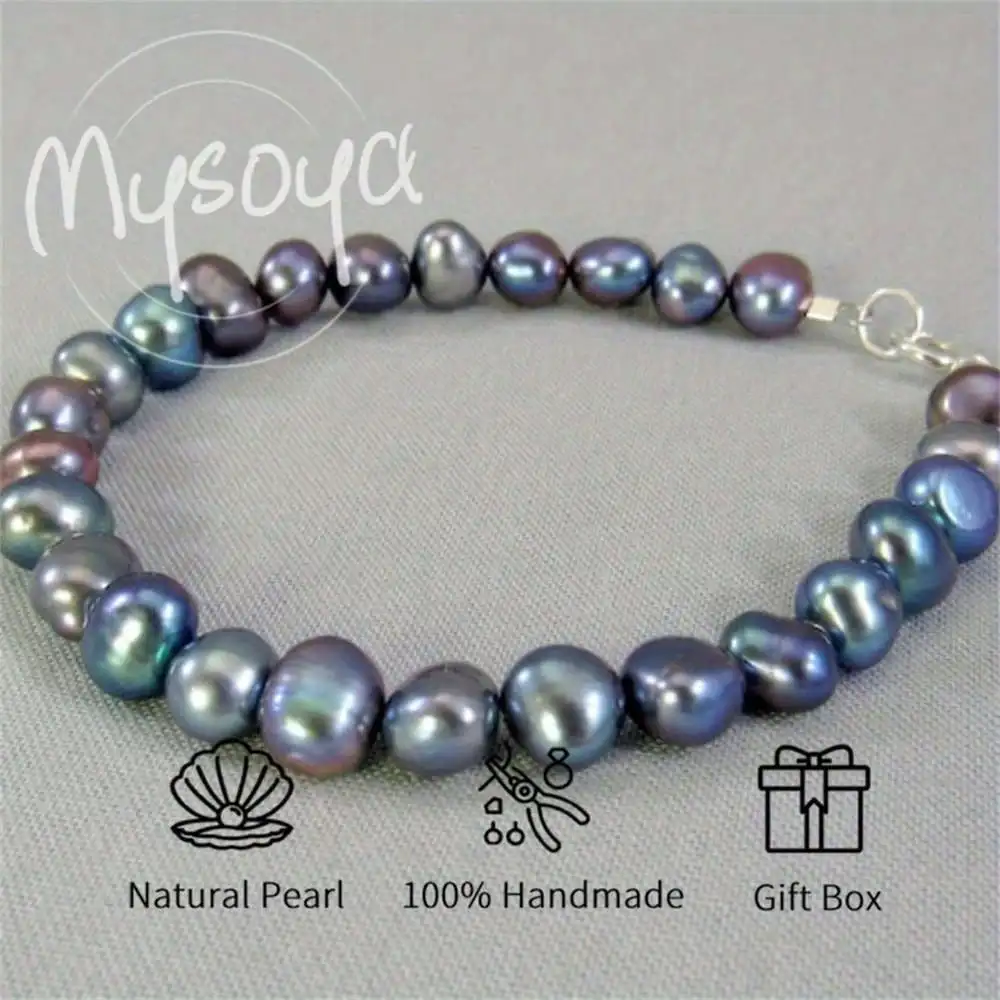 

MYSOYA Black Baroque Pearl Bracelet 8-9mm Pearls Gift Box Gift for Her Wedding Jewelry ChristmasNew Year Anniversary Gift