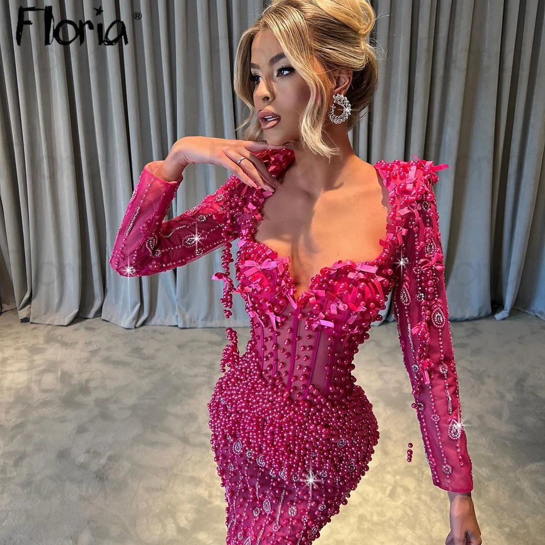 Dubai Heavy Handmade Deep V Cut Hot Pink Formal Evening Dress Long Sleeve Shoulder Pad Wedding Party Gowns Formal Prom Dress