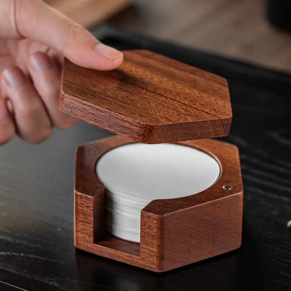 

Solid Wood Hexagonal Coffee Filter Paper Box Universal Dustproof Coffee Extraction Filter Organizer Mini Magnetic Lid