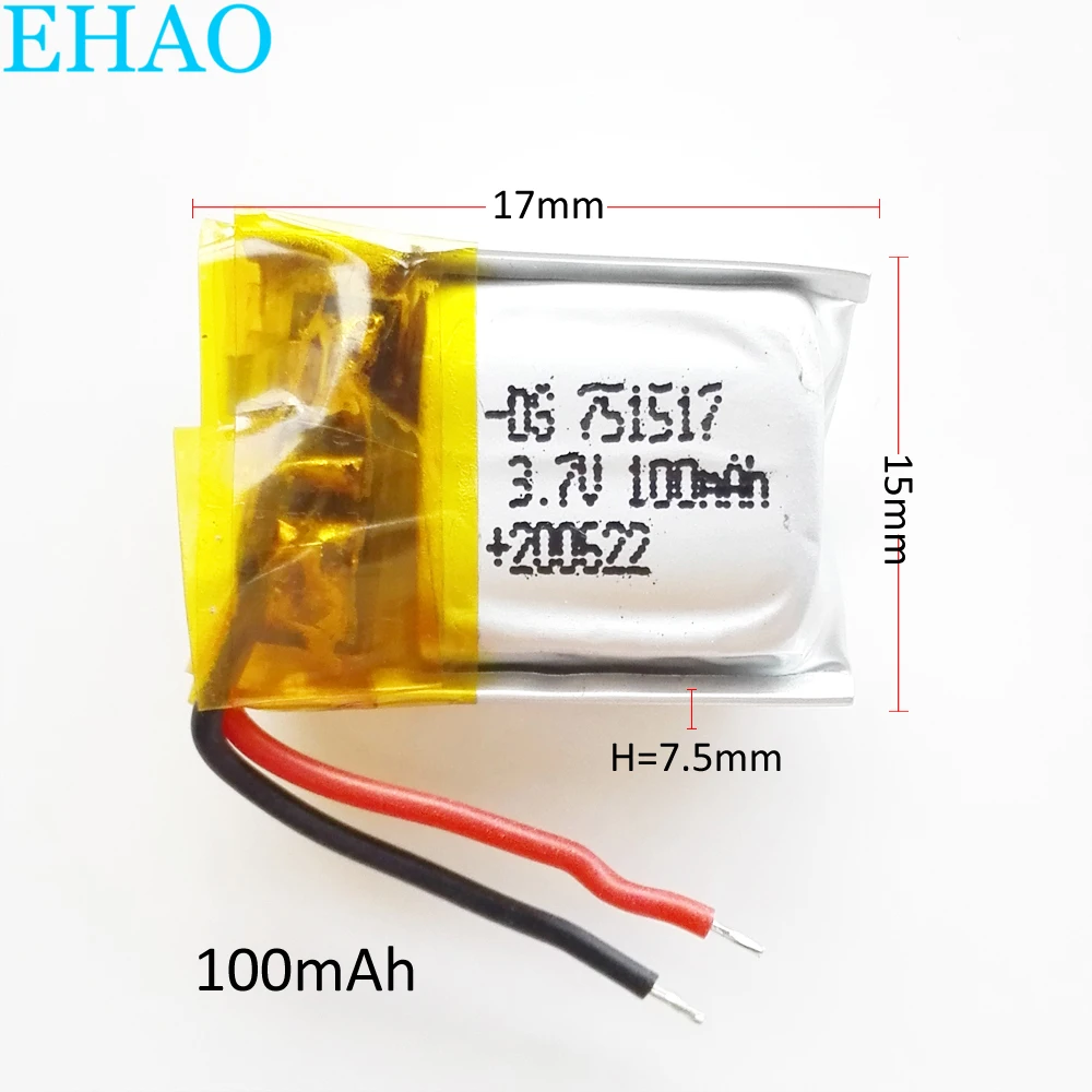 3.7V 20C 100mAh Lipo Lithium Polymer Rechargeable Battery 751517 For CX-10 CX-12 JJ810 JJ820 V646 V676