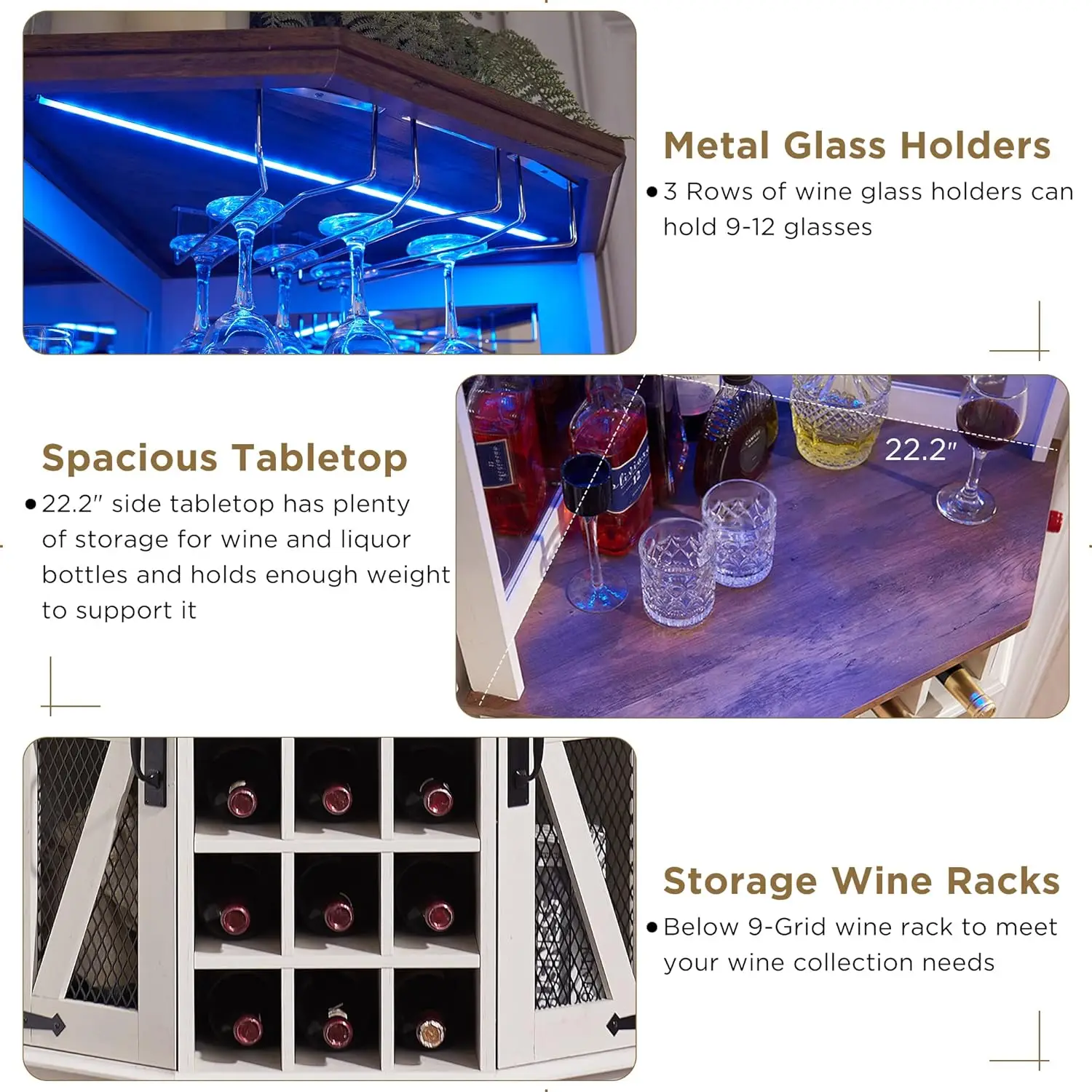 OKD-Armoire de rangement pour bar d'angle, grand meuble de bar à vin de ferme avec porte de grange et étagère réglable, armoire de bar domestique avec lumière LED, 72 po