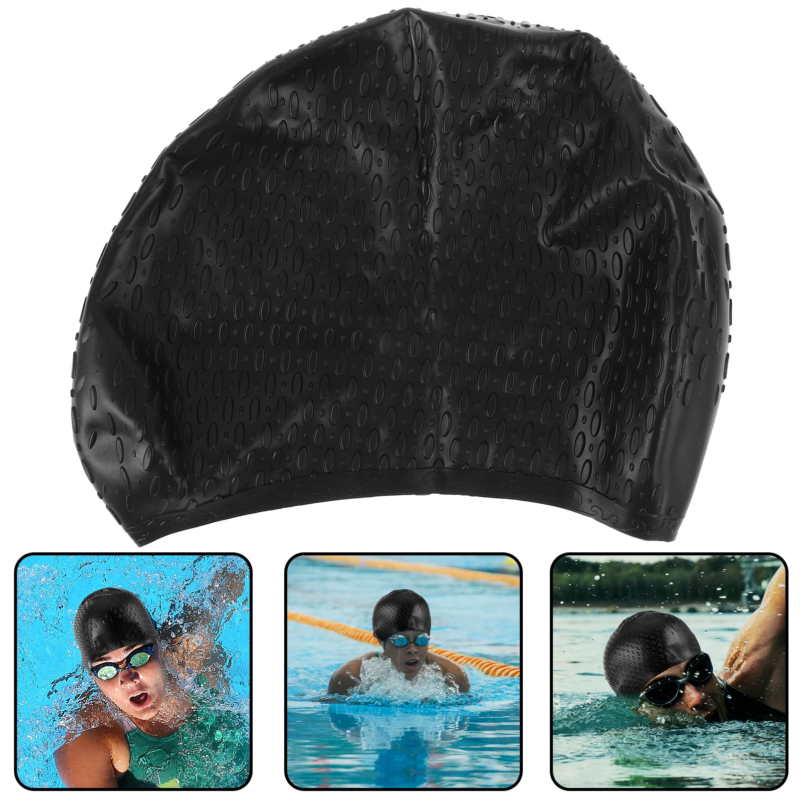 Gorro de natación de silicona negro resistente al agua, 23x18cm, respetuoso con el medio ambiente, Flexible, duradero, diseño único de caída de agua, gorro de natación de silicona
