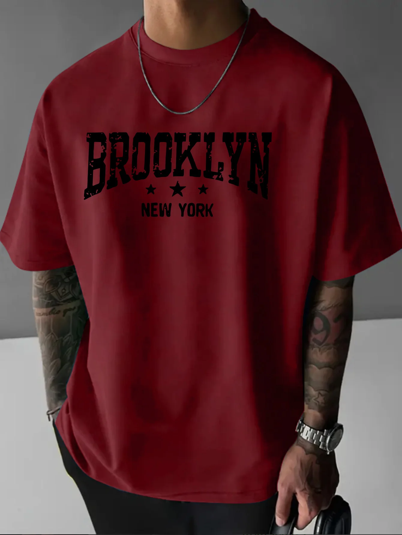 تي شيرت رجالي 100% من القطن الخالص كاجوال فضفاض بنمط بروكلين نيويورك مطبوع برقبة دائرية وأكمام قصيرة #3