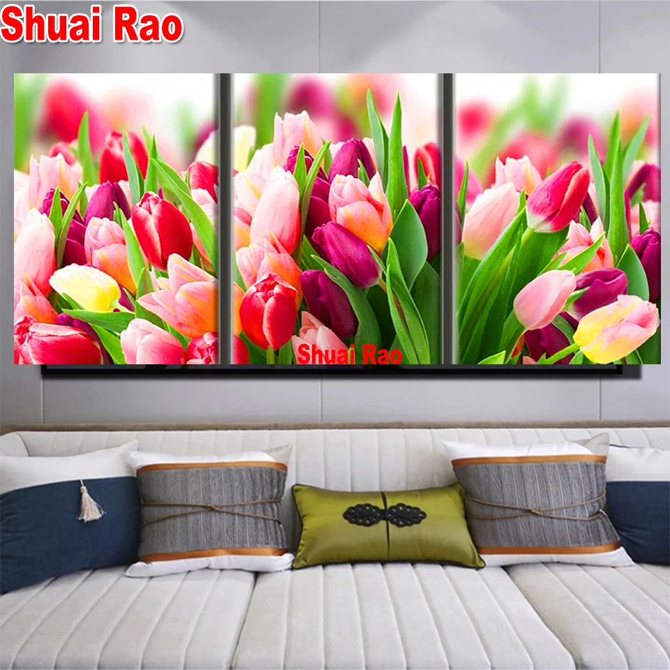 Triptych Crystal Diamond tulip 5d diy diamond painting flower Diamond embroidery full square/round diamond mosaic,Wall Art