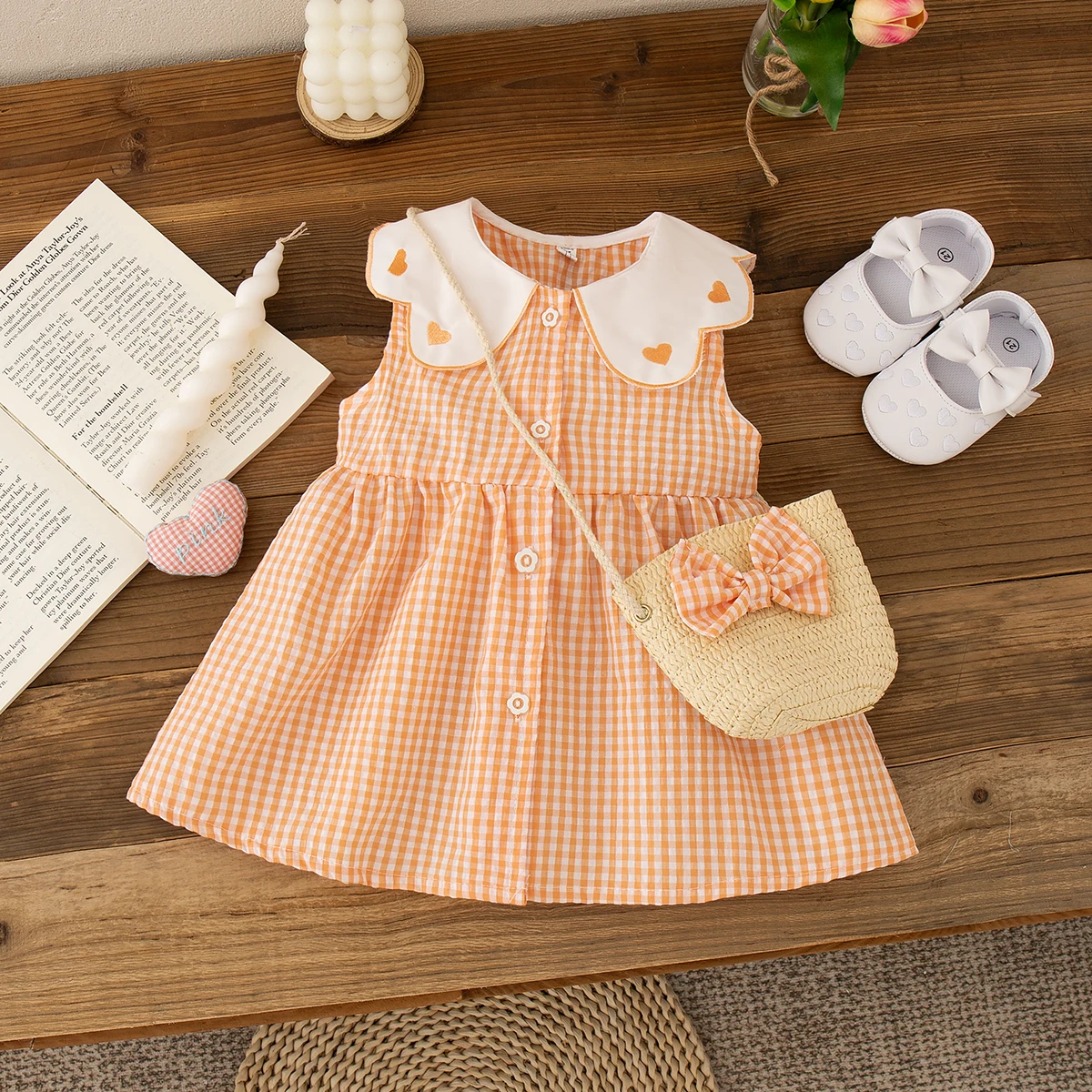 Baby Girl Dress Summer Love And Plaid Pattern Doll Collar Sleeveless Girl Kid's Dress Cute Casual Girl Dress With Bag