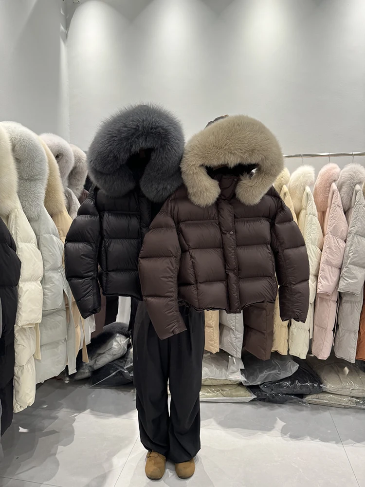 2025 winter new Korean style fox fur collar down jacket women loose fit waist cinched solid color thick hooded jacket