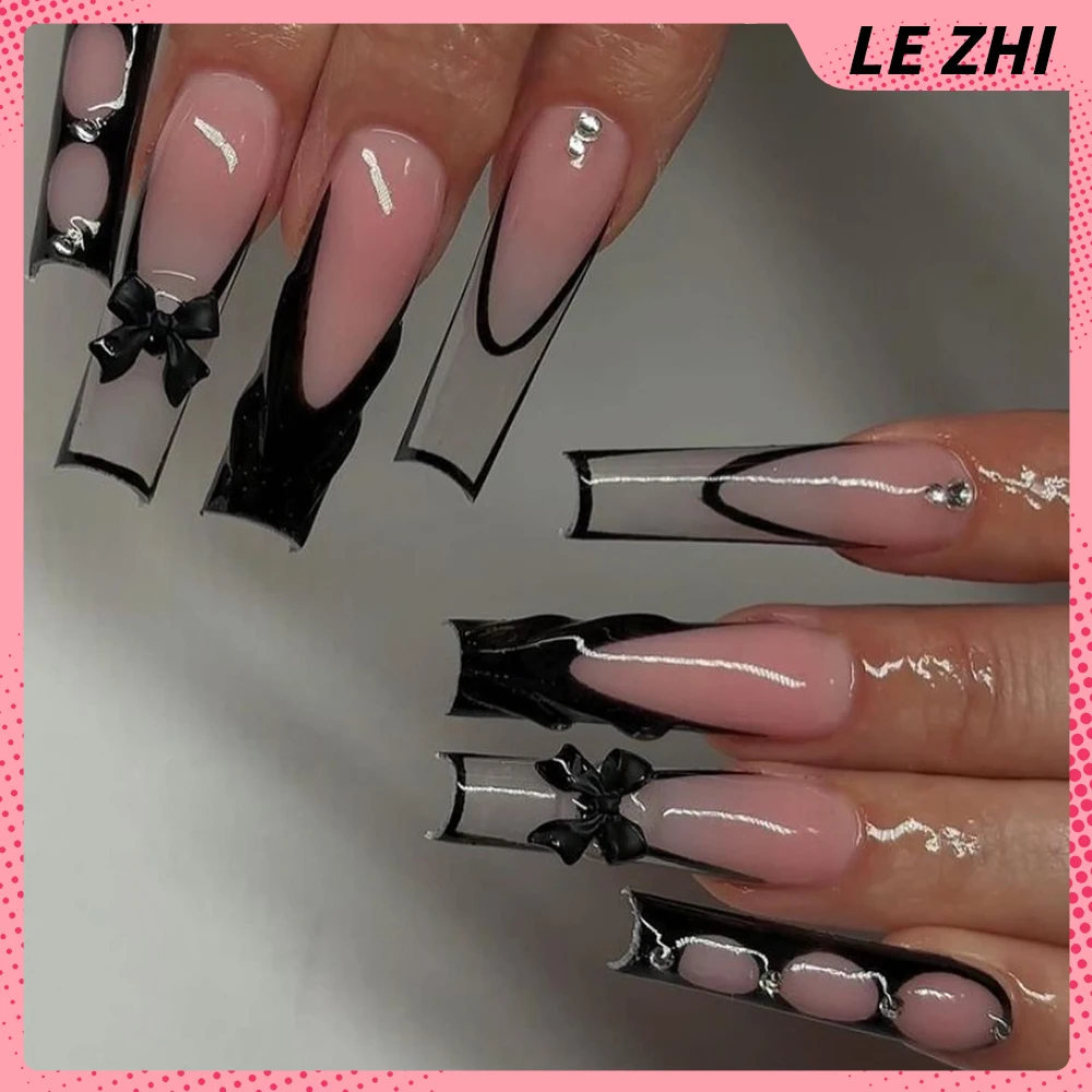 

XL Long Square Black Nude Press On Nails Party Sticker Hand Painted Gel Bow Line Ballerina Custom Handwork Fake Nails Sticker