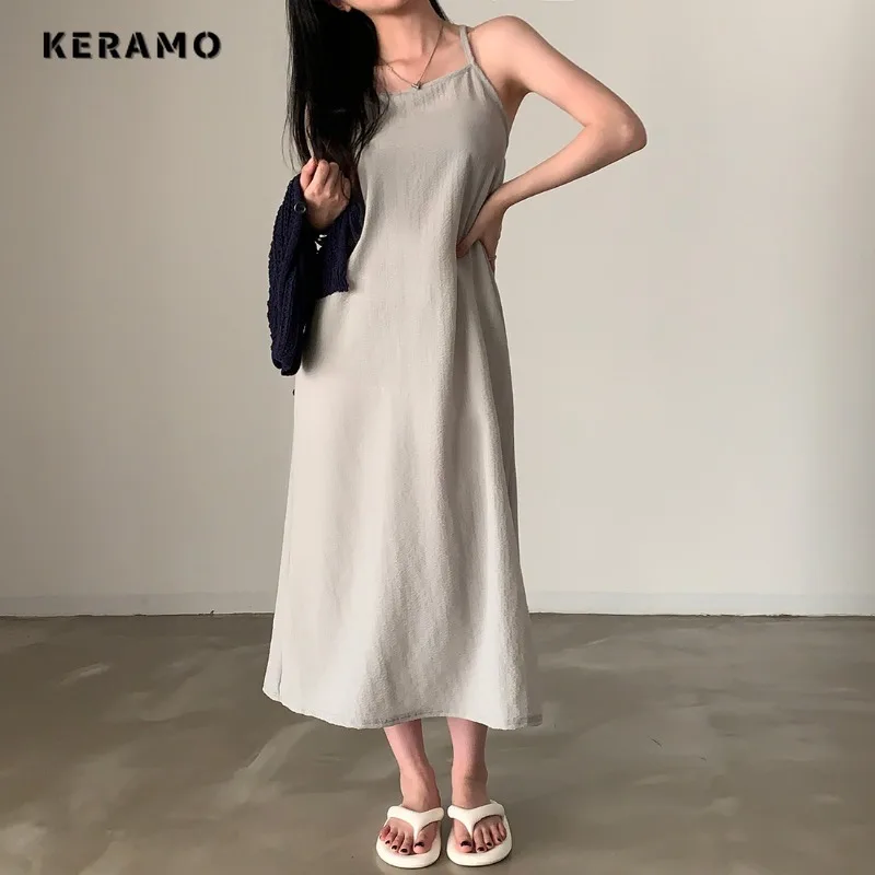 

Women Casual Slash Neck Sexy Loose Backless Suspender Dresses 2024 Summer Lady Solid Color High Waist Spaghetti Strap Dress