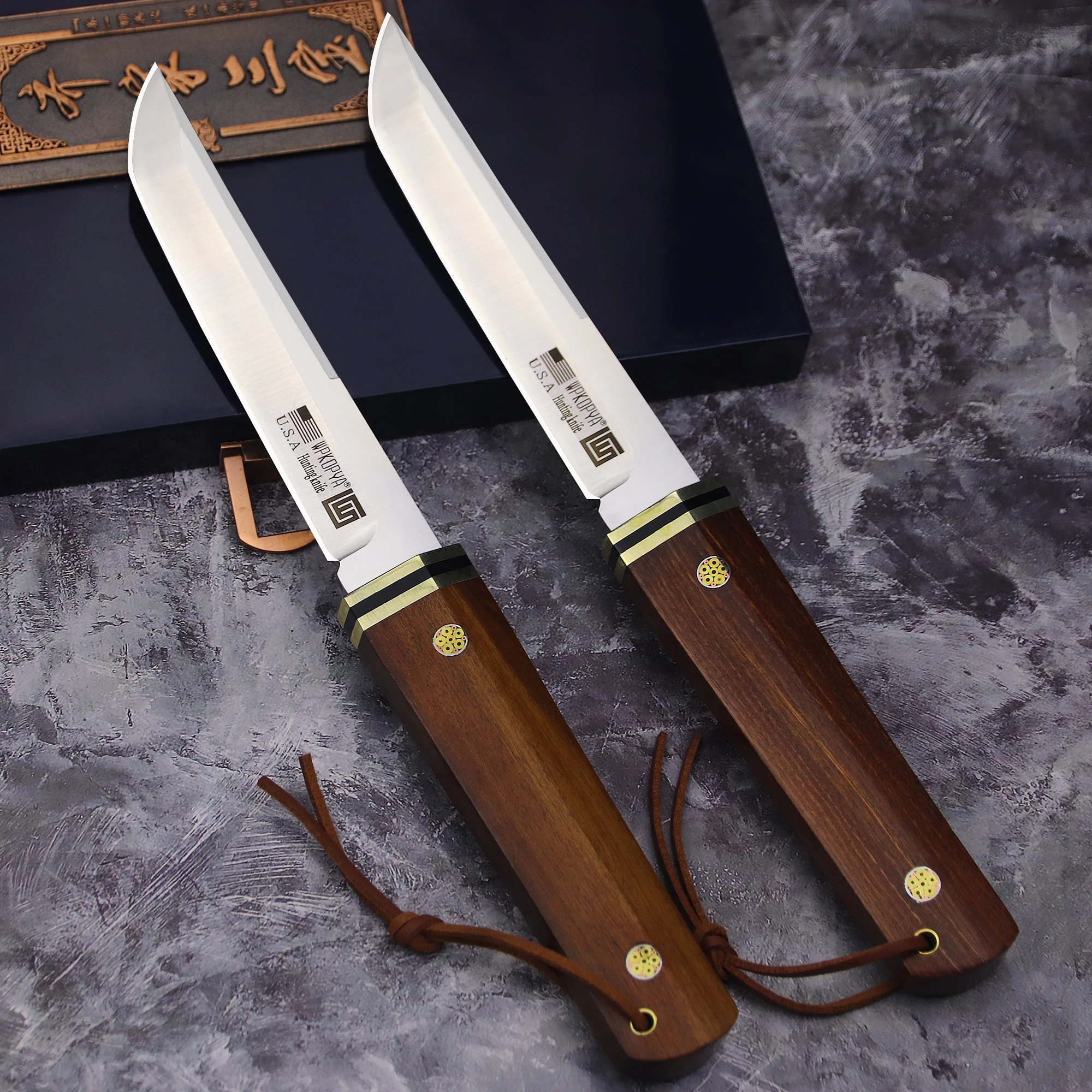 WPKOPYA-cuchillo de supervivencia para acampar, mango de madera, rama de ácido de acero, cuchillo de caza + funda, cuchillo EDC, Japón D2