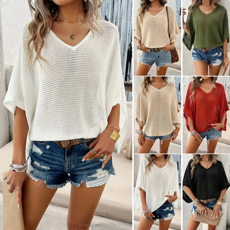 

Solid Hollow-out Women T Shirt Elegant Tops V-neck Short-sleeved Shirt 2024 Spring Summer Tees Casual Loose Thin Sweater