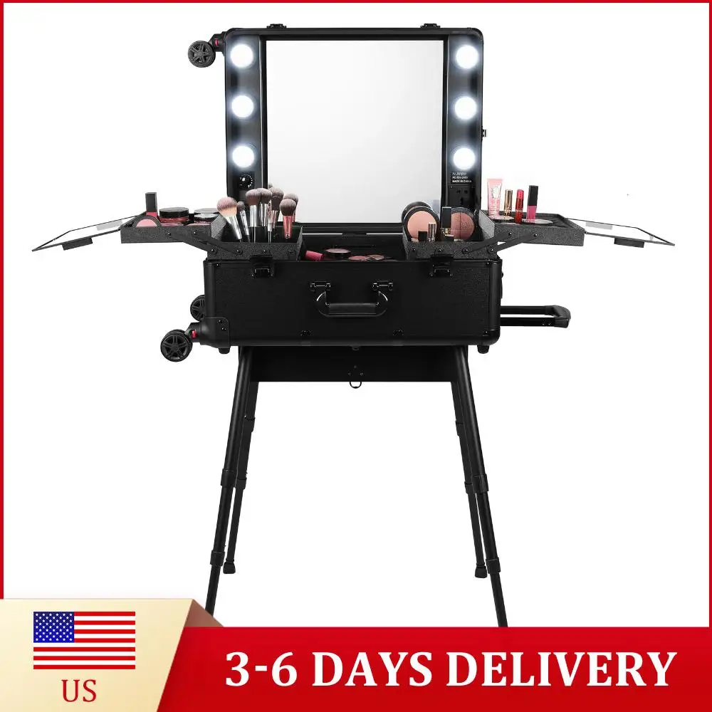 

Rolling Professional Makeup Storage Organizer Box with Mirror and Lights Makeup Case with Wheels Stands for Travel Or Salon Use