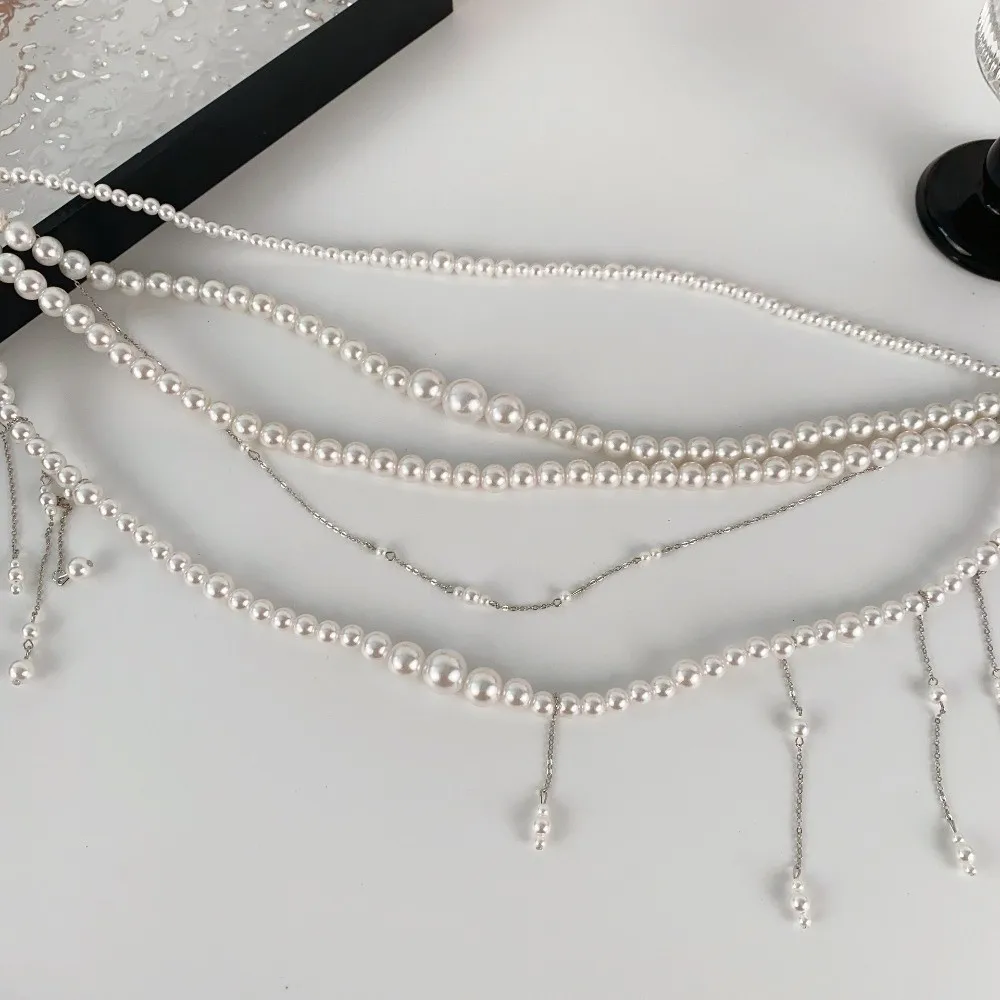 Y2K بريق اللؤلؤ شرابة الخصر سلسلة متعدد الطبقات الملابس والاكسسوارات اللؤلؤ قلادة حزام حزام مجوهرات للجسم اكسسوارات النساء