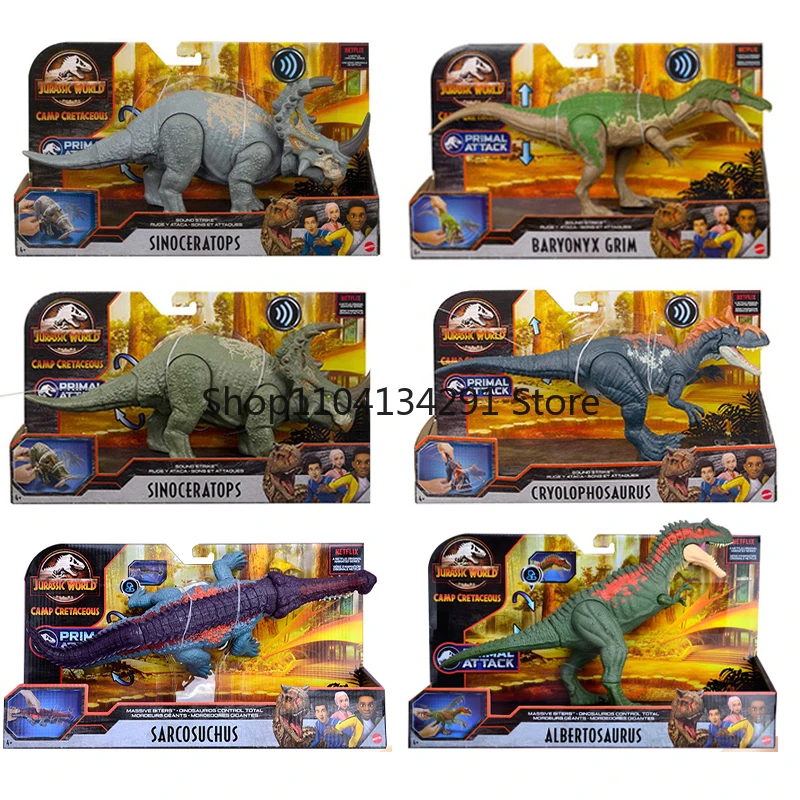 

Jurassic World Camp Cretaceous Sound Strike Sinoceratops Baryonyx Grim Sarchosuchus Dinosaur Action Figure Models Toys for Boys