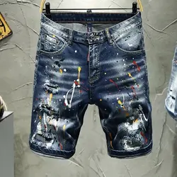 Jeans masculinas decoradas à mão, streetwear, vintage, fino, rasgado, shorts jeans angustiados, moda coreana, marca de luxo, Y2K