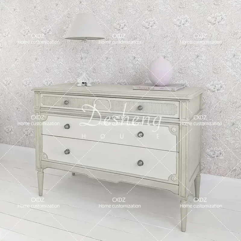 Retro Solid Wood Three Drawer Chest American Country Bedroom Dresser Fully Carved Vintage Style Storage Cabinet for Home