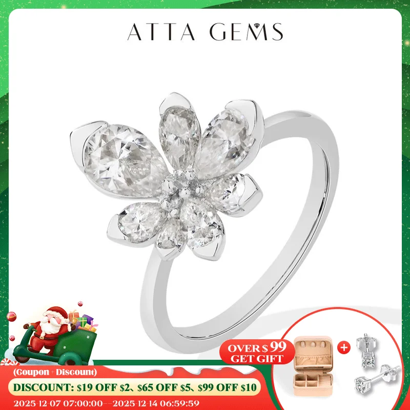 

ATTAGEMS 925 Sterling Silver Luxury Women Ring Flowers DVVS1 Moissanite Pear-cut Classical Band Engagement Wedding Fine Jewelry