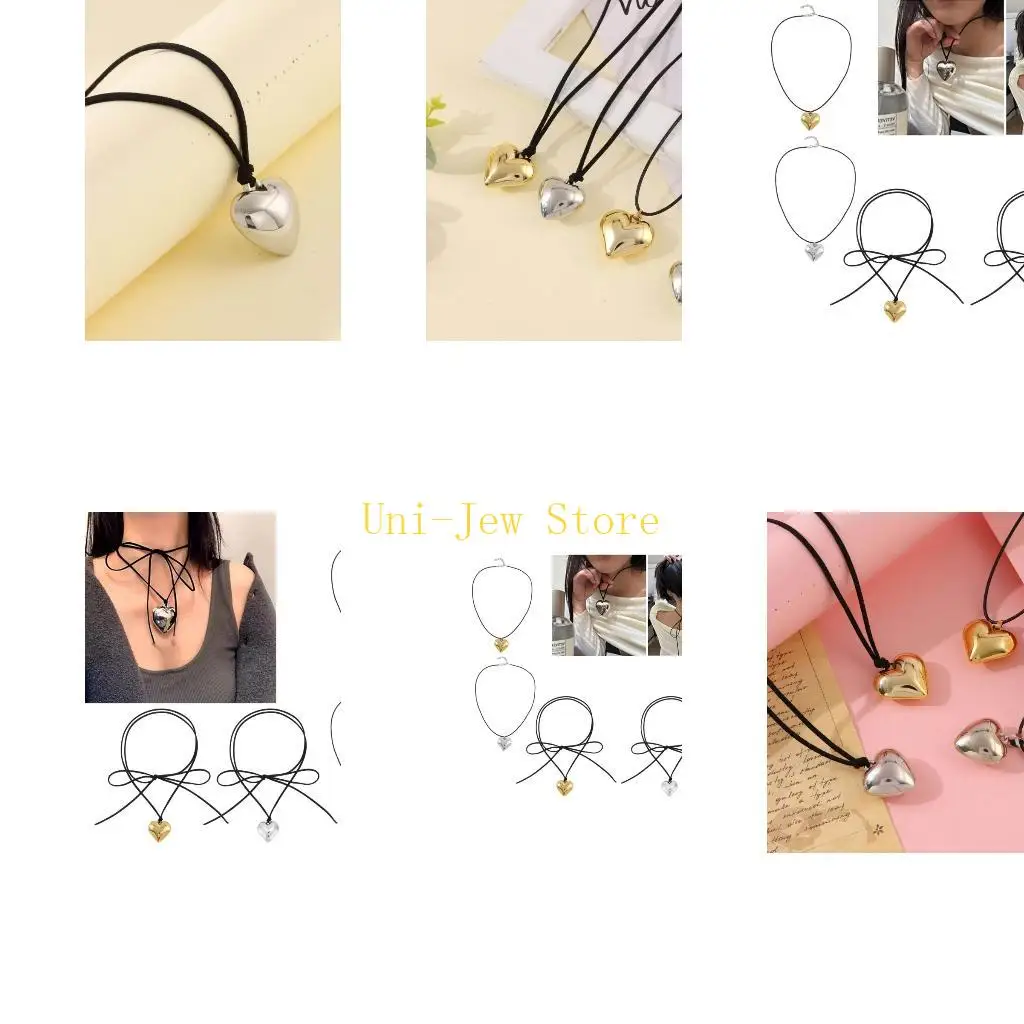 40GB Chunky-Heart Choker Necklace Big Heart Pendant Tie-up Choker Necklace Adjustable Chain for Women Teen Girls Y2K Jewelry