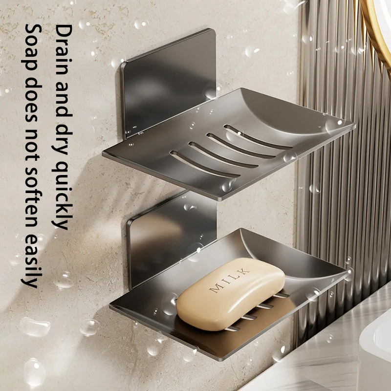 Carbon Steel Wall Mounted Soap Holder No Drilling Bathroom Soap Dish Storage Rack Self-Adhesive Soap Box for Shower Bathroom