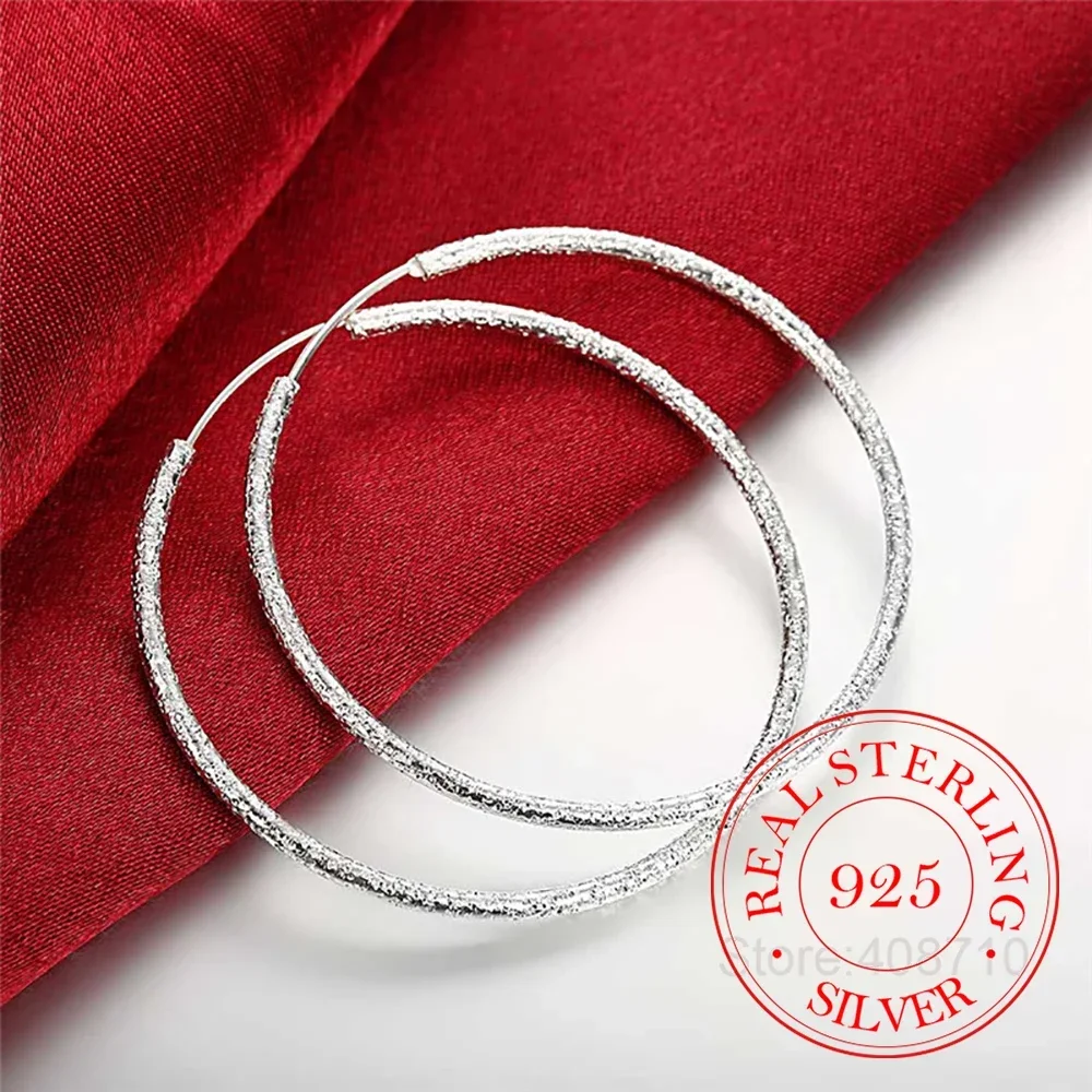 

925 Sterling Silver Simple Scrub 3.5cm/5.1cm Hoop Earrings for Women Trendy Jewelry Earrings