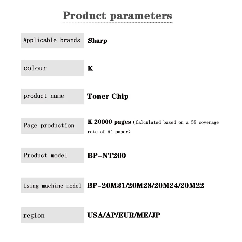 BP-NT200 BP-AT200 BP-GT200 BP-FT200 BP-JT200 toner cartridge chip Toner Chip for Sharp BP-20M31/20M28/20M24/20M22