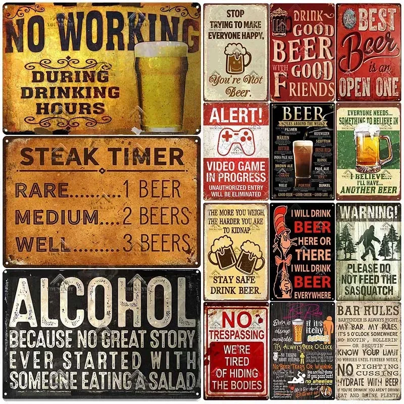 HD Metal Tin Sign Vintage Funny Beer & Bar Wall Decor Retro No Working Steak Timer Alcohol Sign for Man Cave Pub Bar Kitchen Dec