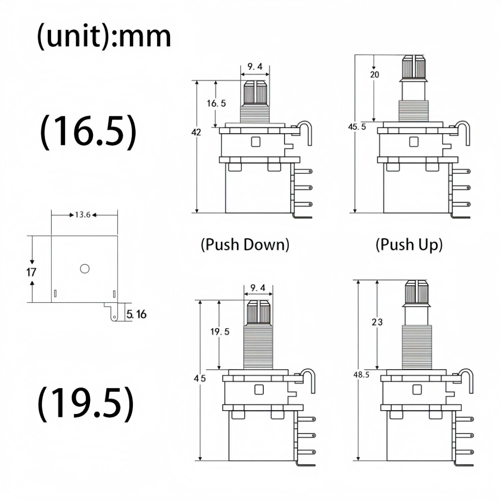 Miwayer A250K/B250K/A500K/B500K Guitar Push/Push Potentiometer Brass Long Split Shaft for Electric Guitar Upgrade Parts