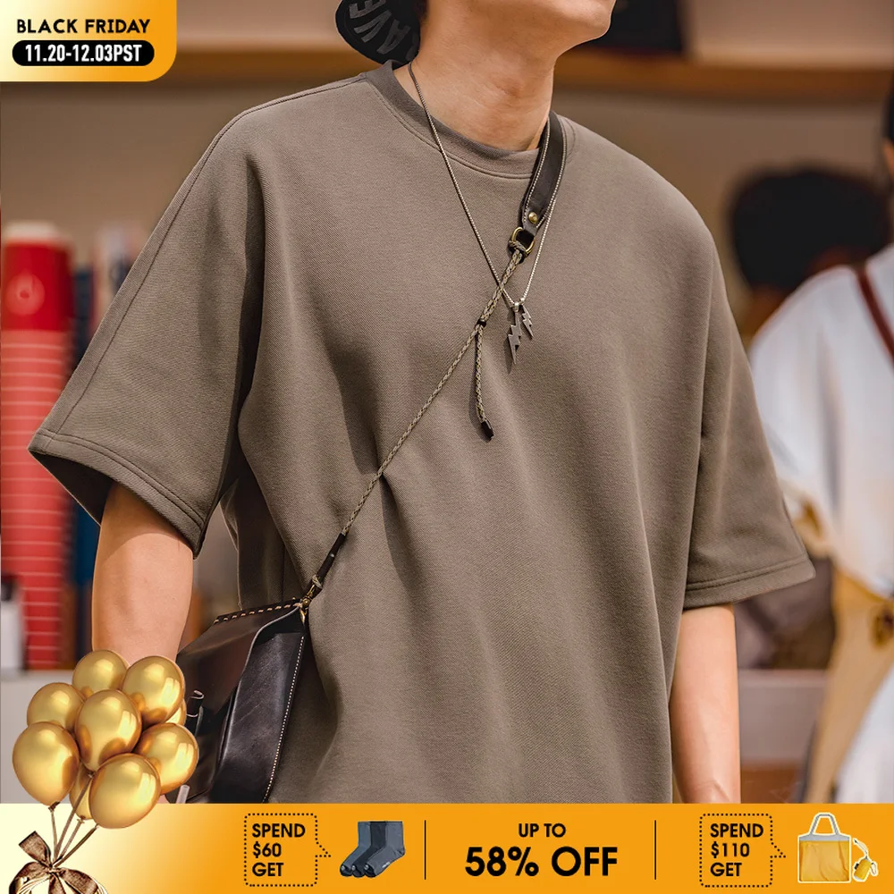 

Maden Retro 340g/m² Heavyweight Round Neck Pique Cotton T-shirt Loose Silhouette Solid Color Short-sleeved Top for Men's Summer