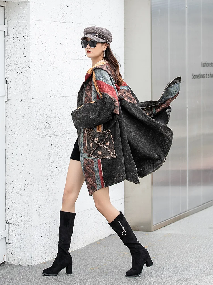 Max LuLu 2023 Fall Fashion Streetwear Womens Printed Loose Hooded Knitted Denim Trench Ladies Casual Luxury Oversized Long Coats