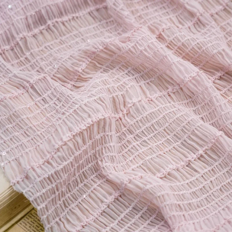 قماش شيفون جميل، قماش دانتيل مكشكش مرن بخطوط لامعة لفستان الزفاف، التنانير، البلوز، أزياء الرقص،