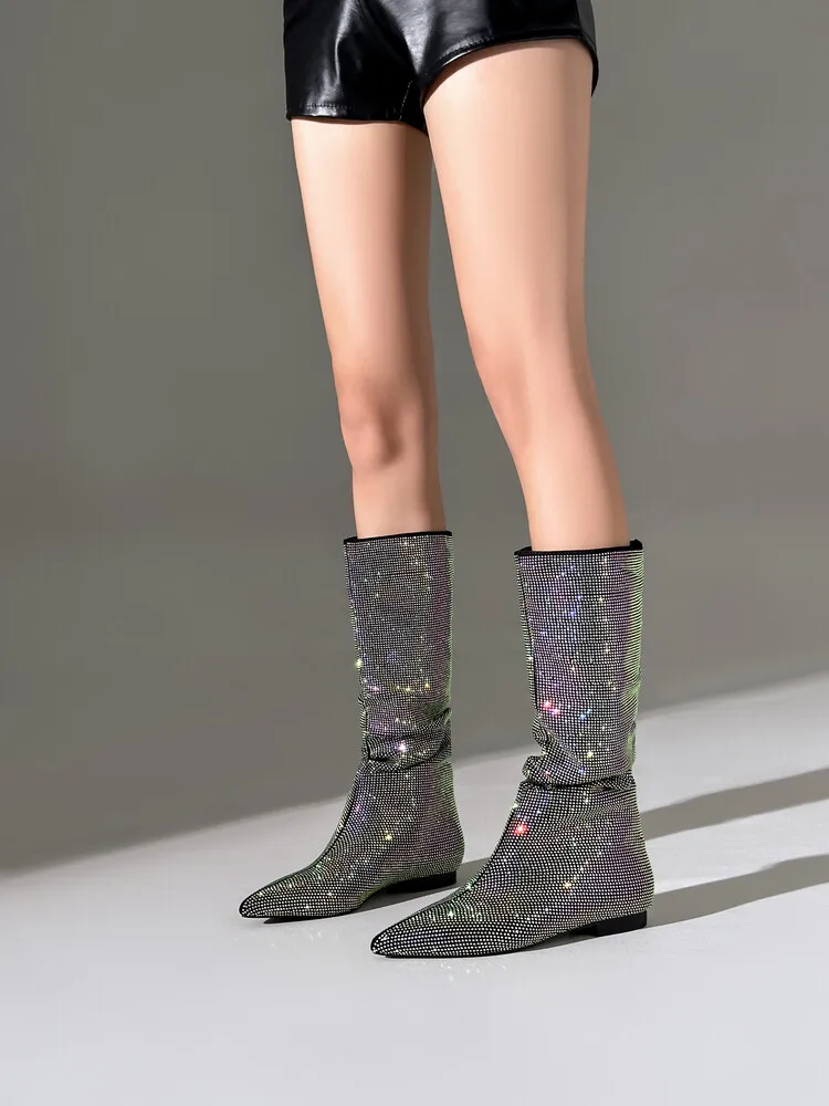 

2024 Autumn/Winter New Water Diamond Women's Knee High Boots Pointed Sleeve Party Stage Women's 35-47 Large Mid Cap Boots