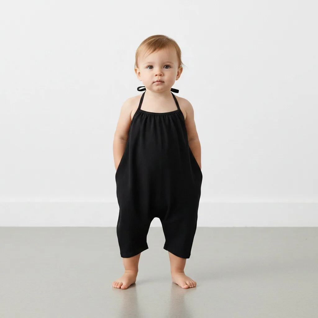 Summer Cool Breeze Halter Neck Romper for Infants and Toddlers, Solid Color Sleeveless Tie-Up Jumpsuit, Simple European and American Style