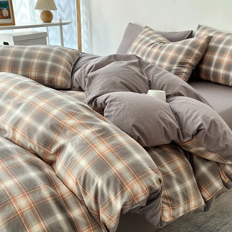 Checkboard Design Bedding Set Khaki Black Duvet Cover Flat Sheet Pillowcase for Student Home Totel Single Full Queen Size Bed