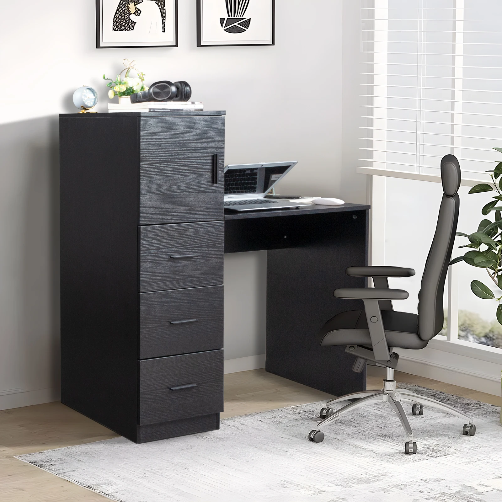 Embossed particle board with melamine H-type 104.5*49*120cm, one door and three drawers, computer desk, 2 USBs, 2 power sockets